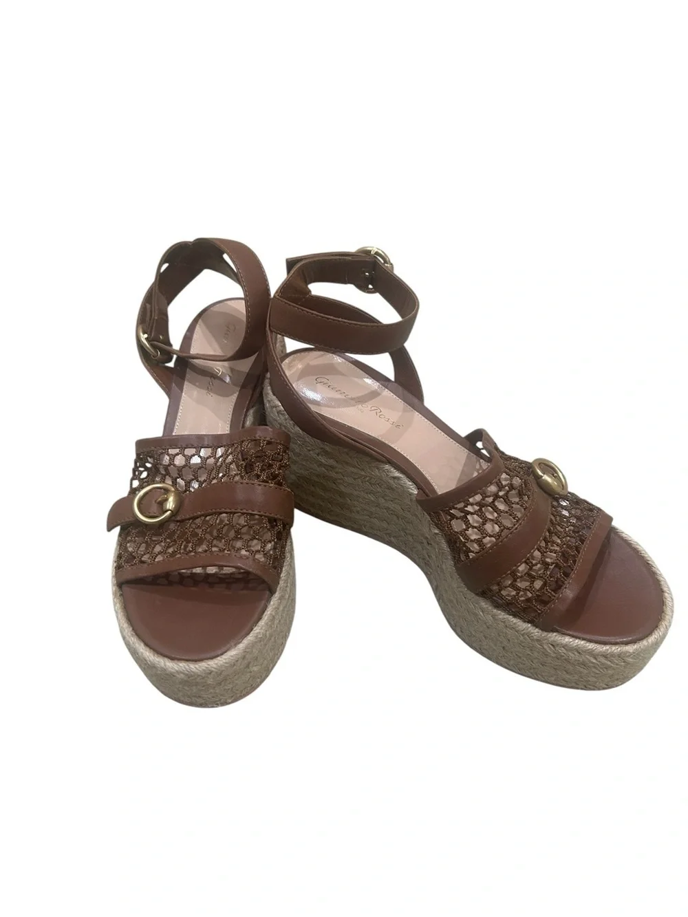 Gianvito Rossi Brown Leather cutout Espadrille Wedge Sandals gold buckles EU 38